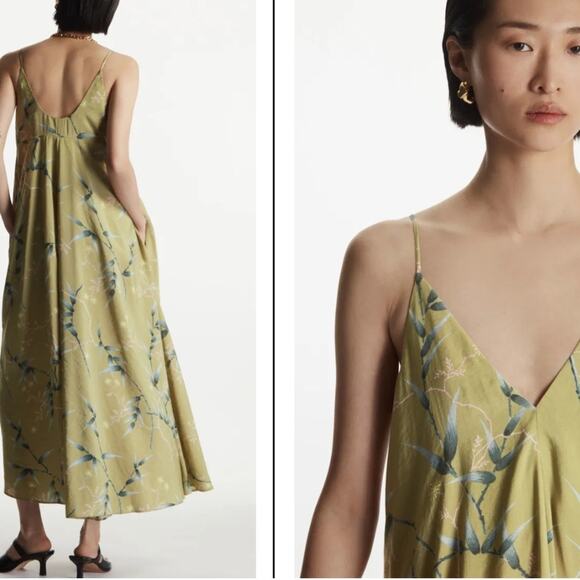 NWT COS Cotton Green Floral Multi Voluminous Midi Vacation Cocktail Dress Size 2 - Picture 3 of 15